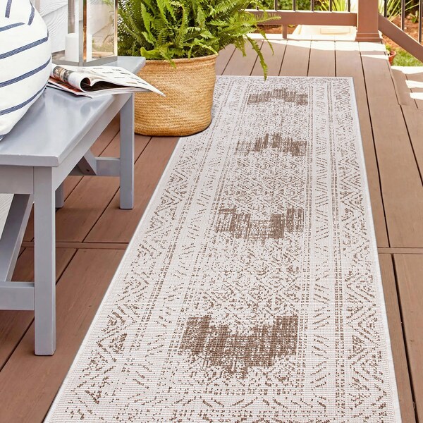 World Rug Gallery Transitional Bohemian Weather Resistant Indoor/Outdoor Runner Rug 2' x 7' Beige 4029BEIGE2X7 - main